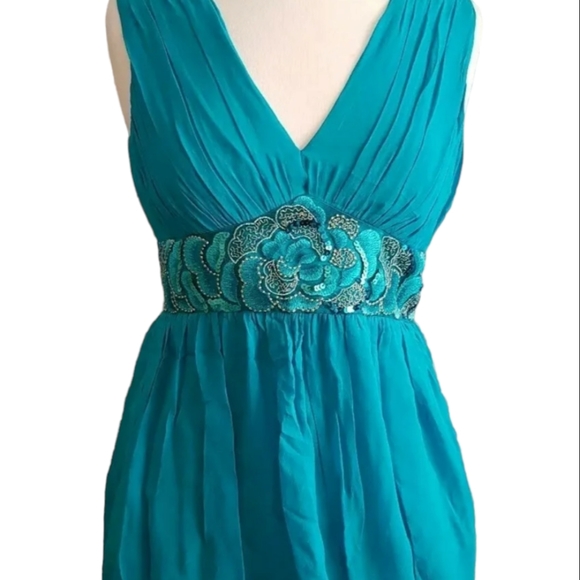 NEW MONSOON 100% Silk turquoise blue Puffball Dress Balloon Hem embellished 10uk - Picture 4 of 14